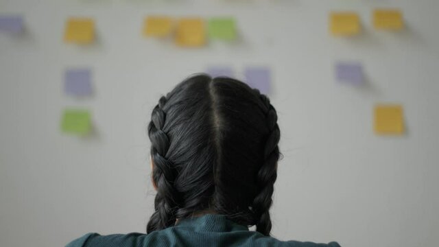 A woman is studying a whiteboard filled with post-it notes