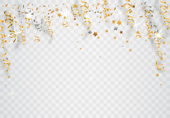 Golden Tiny Confetti and Streamer Ribbon Falling on Transparent Background. Vector, illustration, eps10.