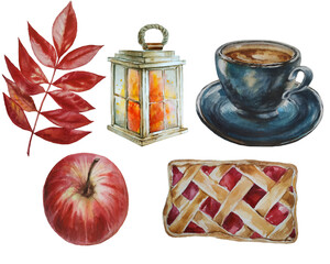 Watercolor set of autumn cosy objects.