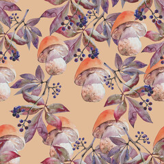 Watercolor hand drawn seamless autumn mushrooms pattern.