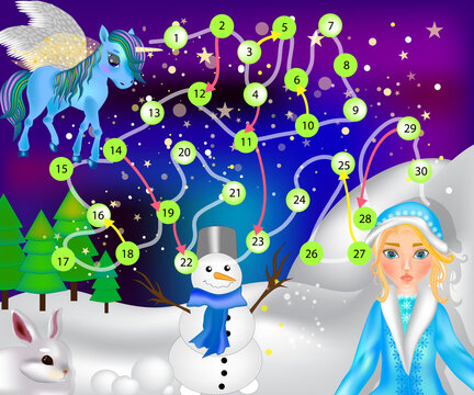 A board game for children with Snow Maiden, Pegasus, snowman and hare