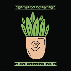 
doodle home plant in a pot on black background, hand drawn illustration for postcard