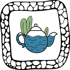 doodle teapot, abstract, hand drawn illustration, postcard design