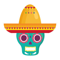 mexican skull with hat, in white background vector illustration design