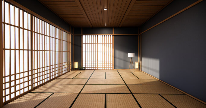 Dark blue color japan interior design,modern living room. 3d illustration, 3d rendering