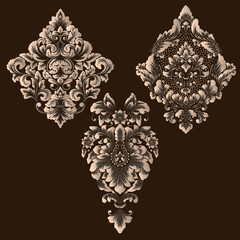Vector set of damask ornamental elements. Elegant floral abstract elements for design. Perfect for invitations, cards etc.