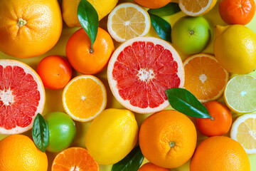 Slices, pieces, whole ripe citruses are on background. Juicy tangerines, oranges, grapefruits, lemons, limes, leaves are on yellow canvas. Summer exotic tropical citrus fruits for preparing juice.