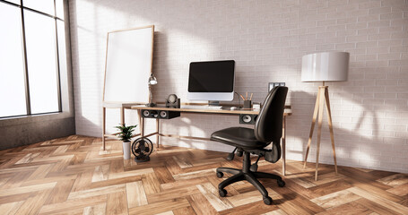 Computer and office tools on desk in room interior loft style with white brick wall on wooden floor.3D rendering