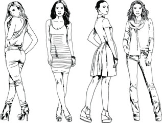 vector drawings on the theme of beautiful slim sporty girl in casual clothes in various poses painted ink hand sketch with no background