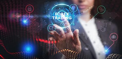 Fototapeta na wymiar Business, Technology, Internet and network concept. Young businessman working on a virtual screen of the future and sees the inscription: Forex trading