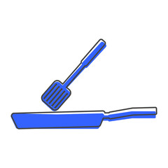Vector image of frying pan and scapula. Kitchen Appliances on cartoon style on white isolated background.