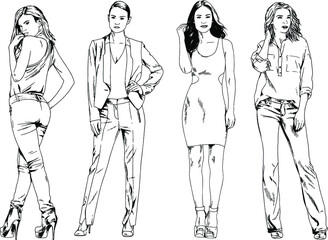 vector drawings on the theme of beautiful slim sporty girl in casual clothes in various poses painted ink hand sketch with no background