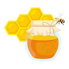 honeycomb with bee flying and honey jar on white background vector illustration design
