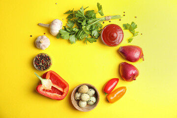 Frame of ingredients for cooking on yellow background, flat lay. Space for text