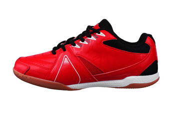 Red sneakers with black laces and white stripes on a white background.