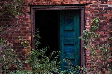 Fototapeta na wymiar Exterior wooden door in brick wall