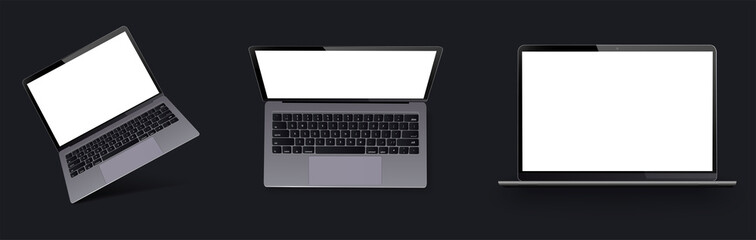 Set of vector laptops with blank screen isolated on black background. Side, top view and isometric. Vector collection Mockups generic device. Template notebook for presentation.