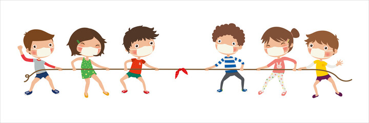New normal, Kids playing tug of war, Children pull the rope, vector, illustration, Isolated on white background