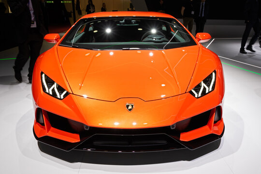 Lamborghini Huracan EVO Spyder sports car showcased at the 89th Geneva International Motor Show. Geneva, Switzerland - March 5, 2019.