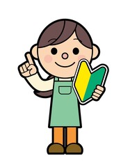 初心者マークを持ったエプロン姿の女性
