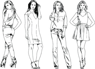 beautiful slim girl in casual clothes, drawn in ink by hand on a white background