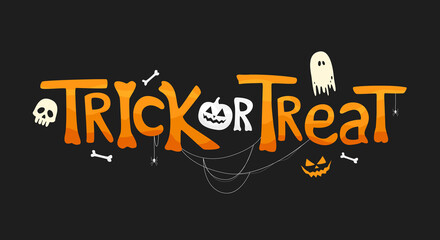 Trick or Treat text with traditional elements. Holiday Illustration on black background for Halloween day.