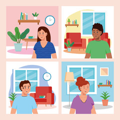 set scenes of young people house indoor vector illustration design