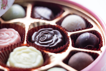 Pink Box of Chocolate with Assorted Chocolates, macro