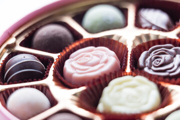 Pink Box of Chocolate with Assorted Chocolates, macro