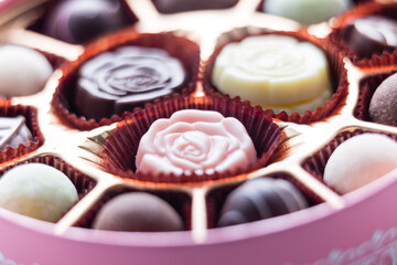 Pink Box of Chocolate with Assorted Chocolates, macro