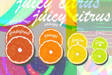 Citrus slices on glitch background with inscriptions: grapefruit, orange, lemon, lime. Juicy fruits of different colors - red grapefruit, orange orange, yellow lemon, lime green. Art juice concept.