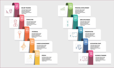 Infographic Business Training template. Icons in different colors. Include Online Training, Consulting, Potencial, Career Advancement and others.