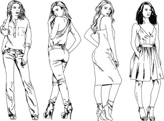 vector drawings on the theme of beautiful slim sporty girl in casual clothes in various poses painted ink hand sketch with no background