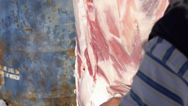 Pig slaughter in contryside chopping meat, butcher