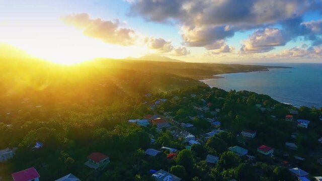 Golden sunset over an island town