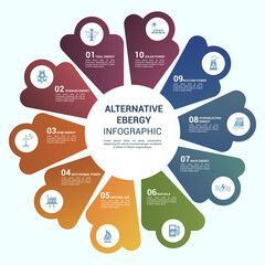 Infographic Alternative Energy template. Icons in different colors. Include Tidal Energy, Biomass Energy, Wind Energy, Geothermal Power and others.