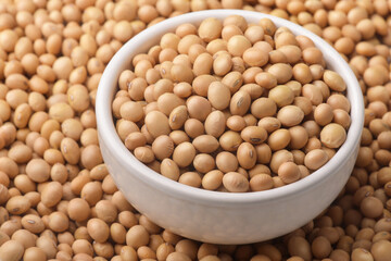 Dry organic soybeans in ceramic bowl