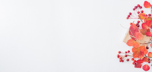 Flat lay composition with colorful autumn leaves and gift box on a white background