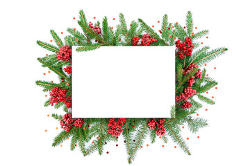 Traditional merry christmas frame with copy space in red colors. Christmas background with wreath and blank white paper sheet over for congratulations, posters, invitations, cards.