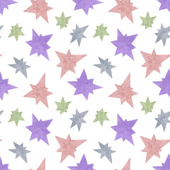 Pastel colored Christmas stars repeat pattern on the white background, symbol of holiday and family celebrations, simple seamless ornament, colorful boho style elements of different colors and size