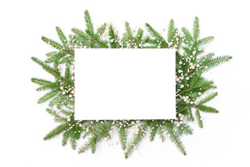 Fototapeta na wymiar Merry Christmas frame and wreath with white pearl decorations. New Year design template with copy space for invitations, greeting cards, advertising. New year background with real fir branches.