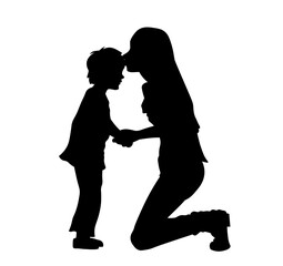 Mother kissing her son on the forehead silhouette vector illustration.