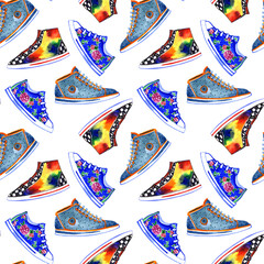 Watercolor multicolored sneakers pattern on white background