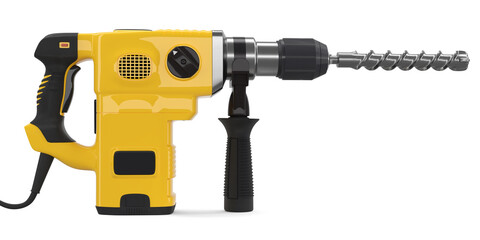Electric drill with cord and attached metal bit, tool for repair