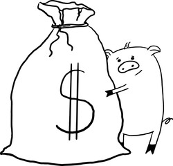 cute little pig embrace money, vector illustration