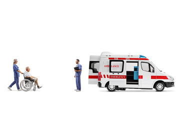 Nurse pushing an elderly patient in a wheelchair towards an ambulance © Ljupco Smokovski