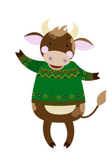 Cheerful bull in a wacky knitted sweater for Christmas. Festive animal in vector on a white background.