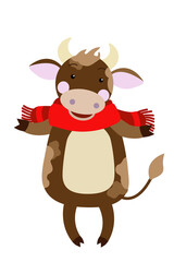 2021. Cheerful ox in a bright red scarf. The bull is the symbol of the Chinese New Year. Festive mood. Ideal for New Year cards for the 2021 new year.