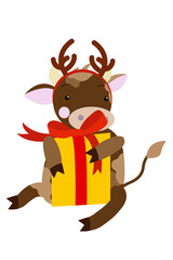 2021. Cheerful ox sits with a gift and cute deer antlers. Festive mood. Ideal for New Year cards for the 2021 new year.