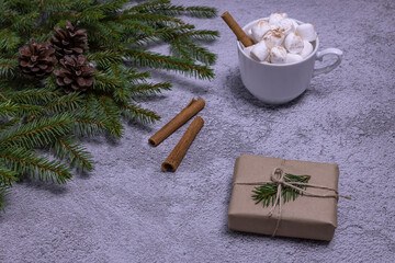 Obraz na płótnie Canvas gift box in craft paper, a Cup of cocoa with marshmallows, cinnamon sticks and spruce branches on a gray background